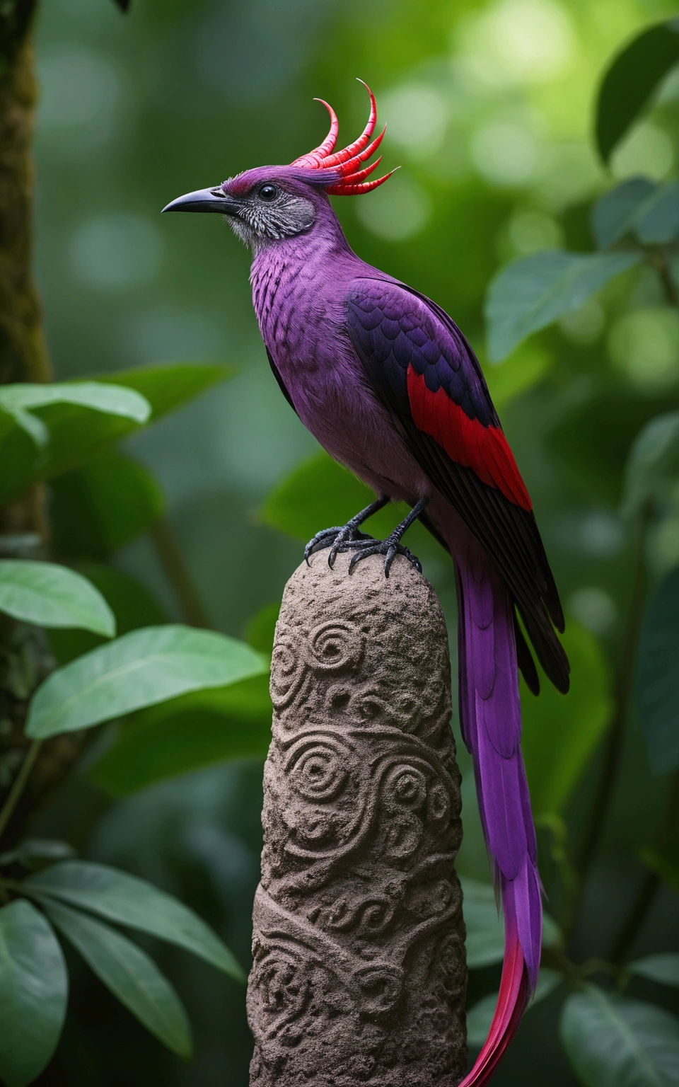 there is a large violet, red, scaled and striped bird, sitting on top of an ancient statue, with tail, rare bird in the jungle, long tail, very beautiful and elegant, beautiful and elegant, long and elegant tail, captured in the canon eos r 6, long tail with horns, beautiful and graceful, long tails, by Sudip Roy, mischievous look, high quality nature photography