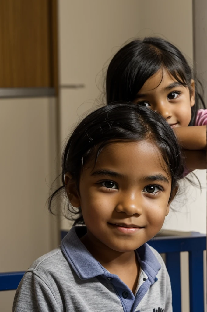A student between 7 and with black hair and black eyes and slightly dark skin.