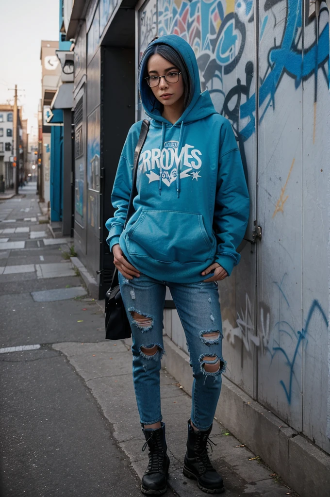 A full-body image of a slim woman with glasses, dyed blue hair, and a sense of adventure. She is wearing a hoodie, ripped jeans, and boots. She stands in an urban setting with graffiti walls and exploring the city streets
