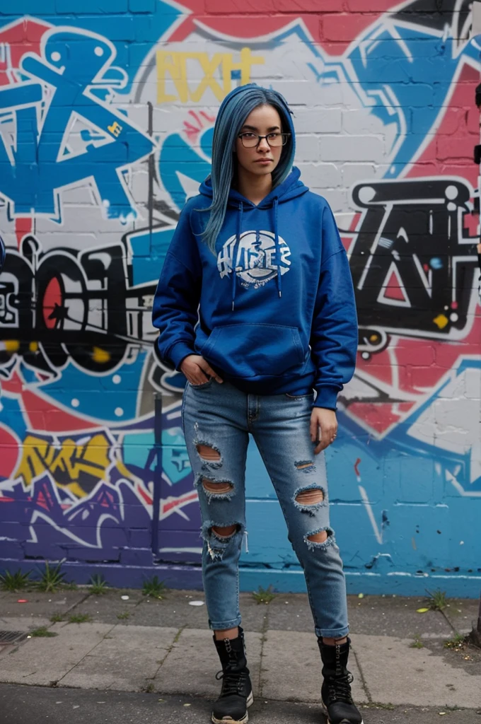A full-body image of a slim woman with glasses, dyed blue hair, and a sense of adventure. She is wearing a hoodie, ripped jeans, and boots. She stands in an urban setting with graffiti walls and exploring the city streets