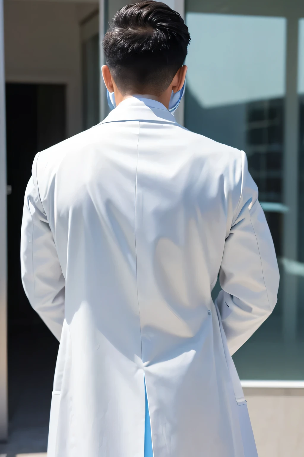 Rear view of a male medical worker wearing a white coat
