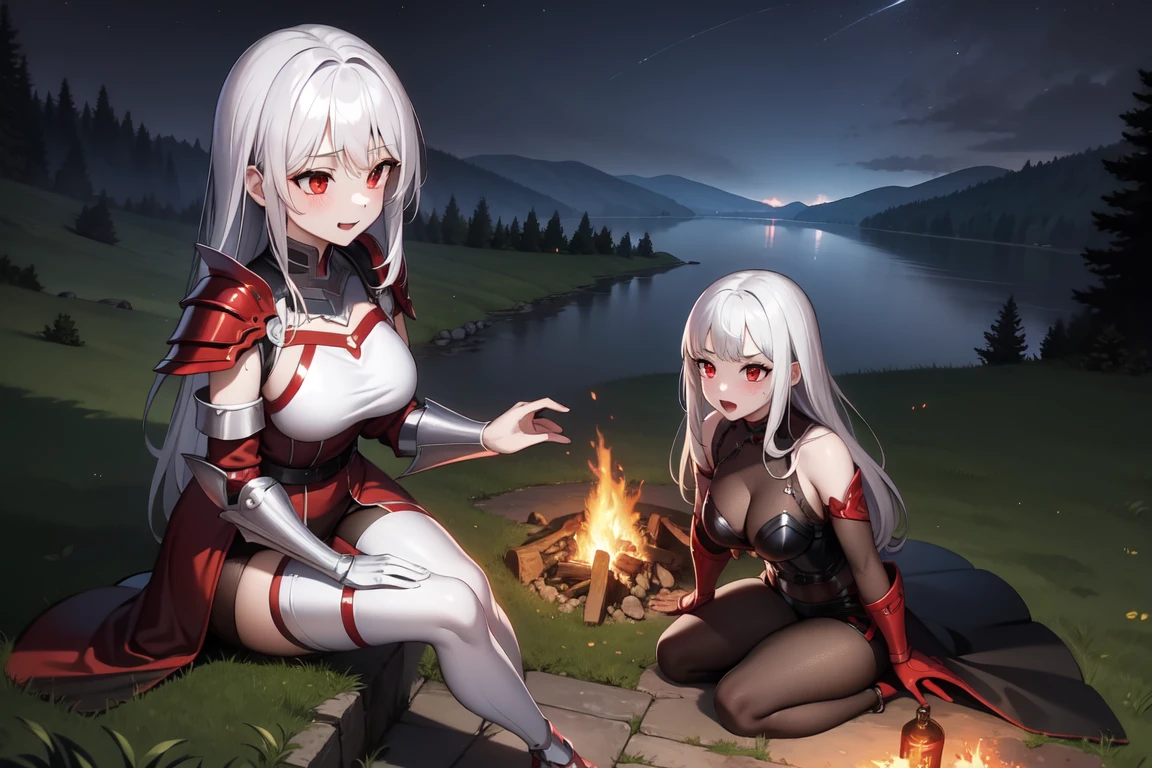 1girl, white hairs, red eyes, vampire, adventurer armor, lake, night, campfire, sitting on ground