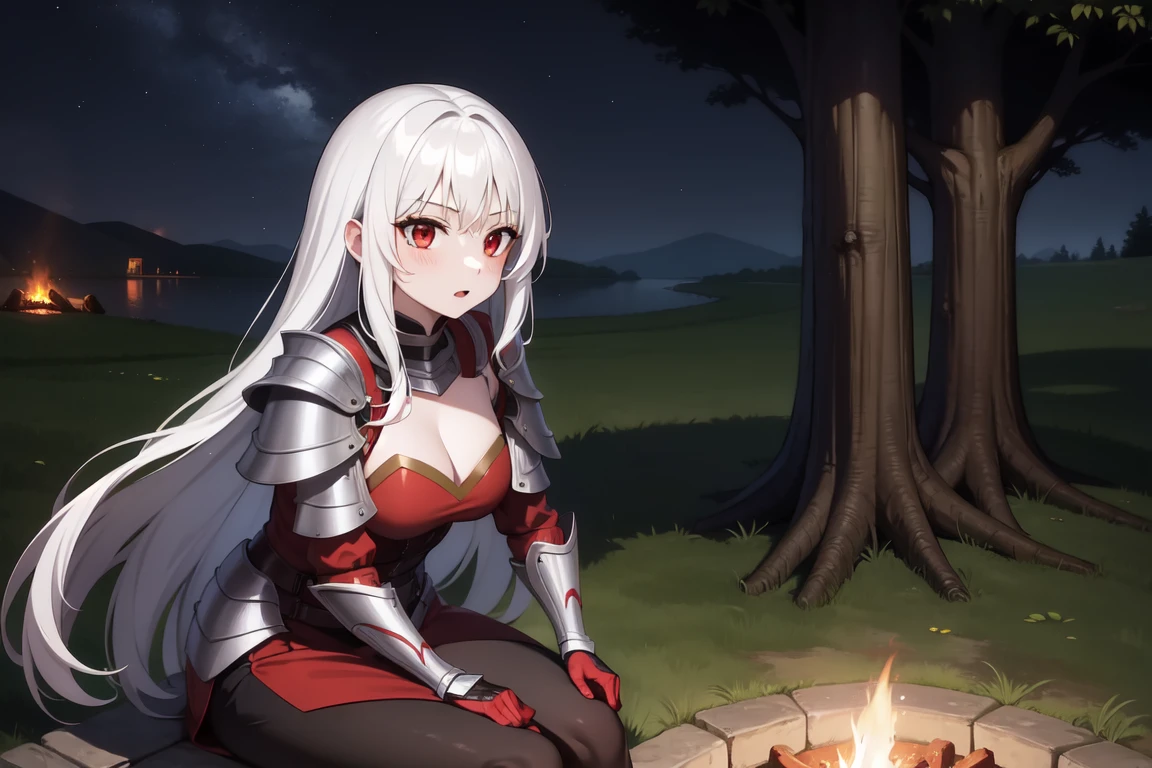 1girl, white hairs, red eyes, vampire, adventurer armor, lake, night, campfire, sitting on ground