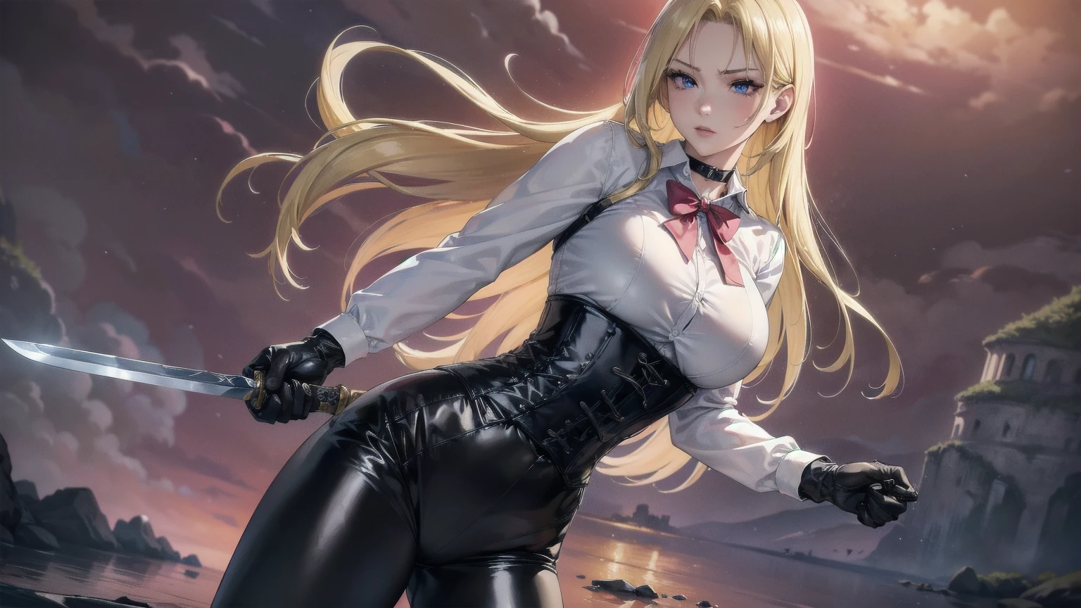 Masterpiece, Superior image quality, high resolution, 4k image,photo and gross, photorealistic, whole body, 1 young blonde of 15 years, fighting pose, {{{vagina}}}, big breasts, beautiful face, Long blonde hair, blue eyes, very detailed eyes, pink cheeks, serious expression, choker:1.6, (white collar button down long sleeve shirt), black gloves, gloves that cover hands, (wields a sword in his right hand), (black leather corset), (shiny black leggings), Sensual Lips, show details in the eyes, View from the front, looking at the viewer, standing on the shore of a lagoon, gloomy lagoon, Atmosphere, crimson sky