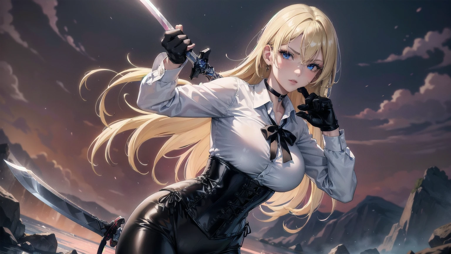 Masterpiece, Superior image quality, high resolution, 4k image,photo and gross, photorealistic, whole body, ung blonde of 15 years, fighting pose, {{{vagina}}}, big breasts, beautiful face, Long blonde hair, blue eyes, very detailed eyes, pink cheeks, serious expression, choker:1.6, (white collar button down long sleeve shirt), black gloves, gloves that cover hands, (wields a sword in his right hand), (black leather corset), (shiny black leggings), Sensual Lips, show details in the eyes, View from the front, looking at the viewer, standing on the shore of a lagoon, gloomy lagoon, Atmosphere, crimson sky