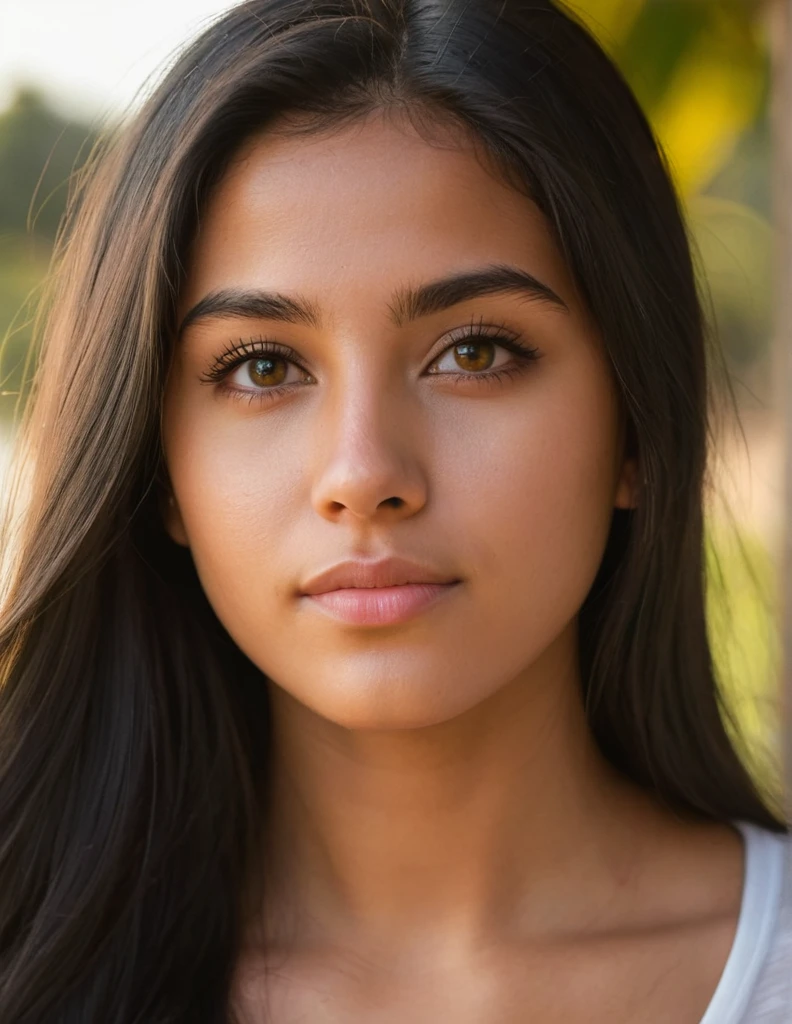 A photorealistic portrait of a 21-year-old colombian girl with long, flowing dark hair and striking dark eyes. She should have a natural, approachable expression and be illuminated by soft, golden-hour sunlight. The background should be a scenic outdoor setting, perhaps a sunlit park or beach. Capture this image with a high-resolution photograph using an 85mm lens for a flattering perspective.