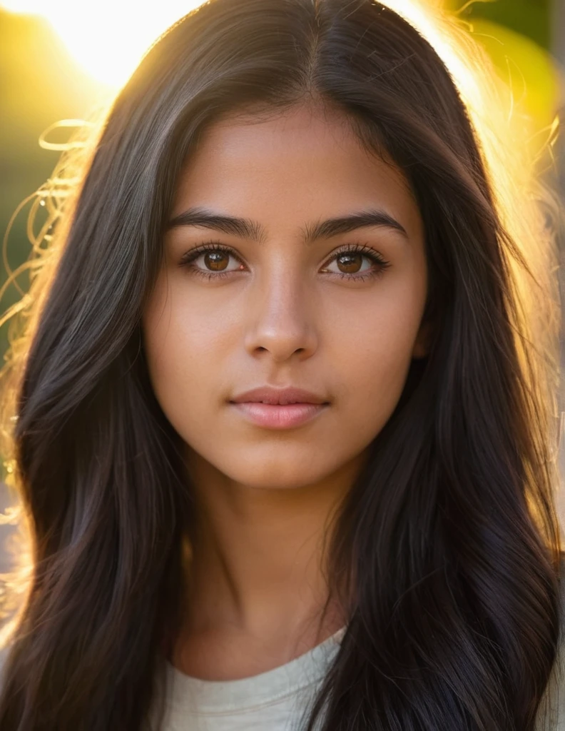 A photorealistic portrait of a 21-year-old colombian girl with long, flowing dark hair and striking dark eyes. She should have a natural, approachable expression and be illuminated by soft, golden-hour sunlight. The background should be a scenic outdoor setting, perhaps a sunlit park or beach. Capture this image with a high-resolution photograph using an 85mm lens for a flattering perspective.