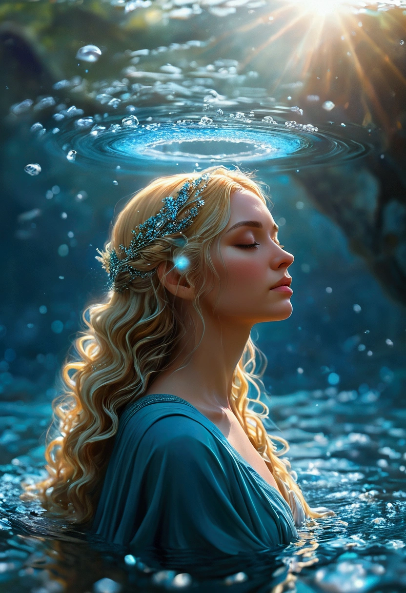 Create a detailed and expressive picture of a goddess with long blonde hair in the foreground. She should be centred in the picture, with her head tilted back slightly, her eyes closed and her expression serene. Her shoulders should be visible, framing her face, while the rest of her body is outside the frame. The background should represent a watery halo around her head, composed of vibrant shades of turquoise and dark blue. This halo should create a serene, flowing effect, blending harmoniously with the goddess's hair to convey movement and lightness. Use soft lighting to highlight the contours of her face and the texture of her hair, creating a subtle contrast with the watery background. Add details such as fish, sea life or marine flora. The artistic style should focus on intricate details and ethereal elements, ensuring a composition that feels divine and evocative of the water element. Keep the tones cool and the textures fine to accurately capture the essence of the water element.