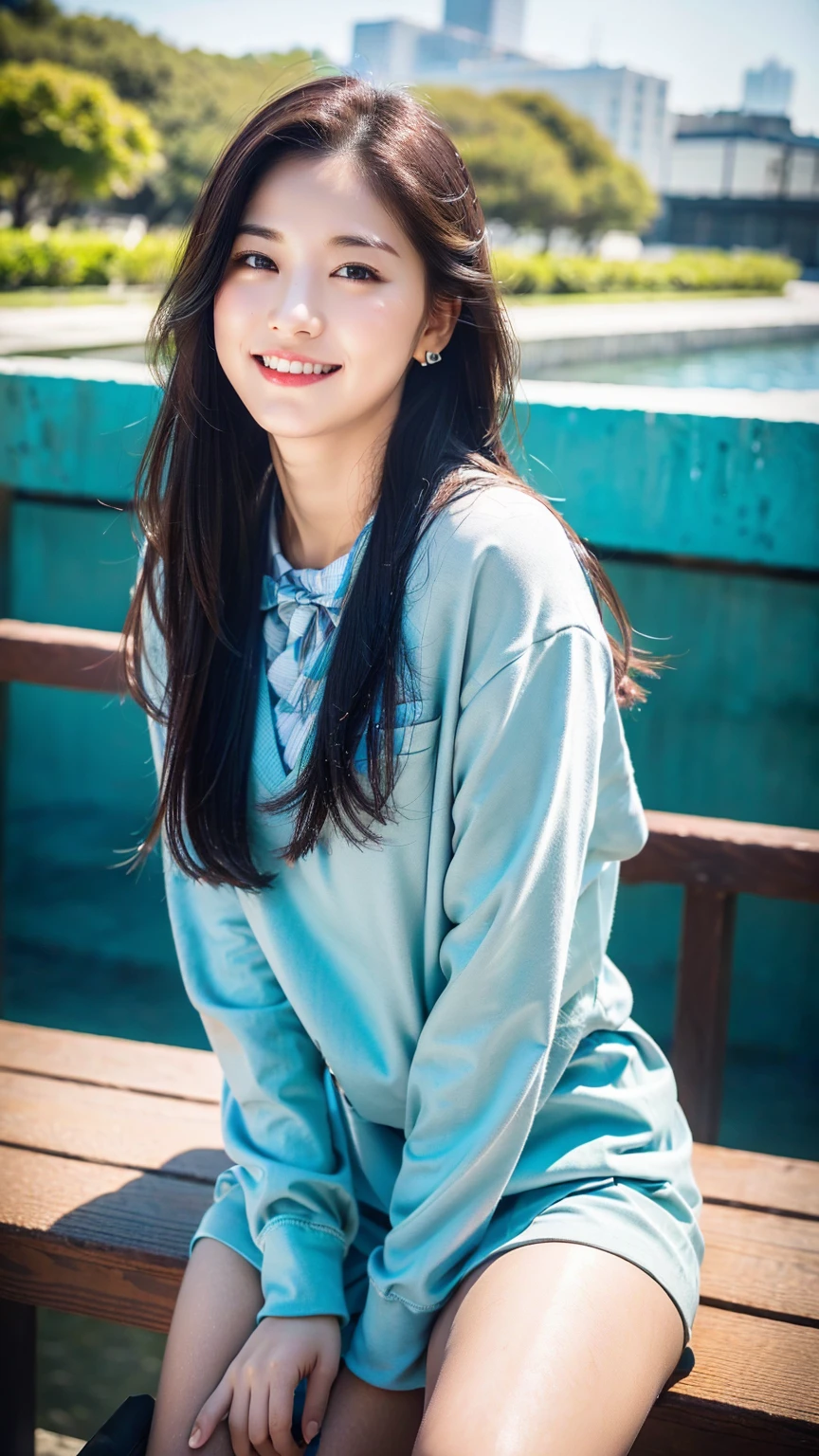 (8K), (best quality: 1.2), (realistic), (realistic: 1.37), ultra high resolution, 1 girl, cute, laugh, closed mouth, beautiful details, beautiful nose, wet hair, red lip,small earrings,huge two cells, pork, thighs,Self Snap,College student ,sunny day,I can see the sea,sitting on bench,cross one's legs,look down,from above,(Simple light brown blazer 1),(dark brown pleated skirt),(dark red bow tie),(The pattern of the skirt and tie is a tartan check pattern....:1.3),濡れたthighs,Knee High Tights,(thighsにクローズアップ1)
