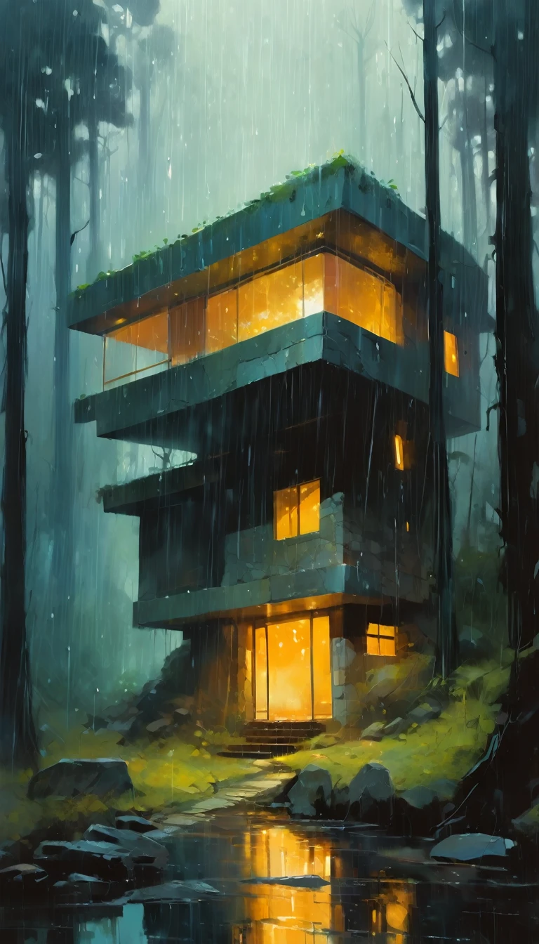 fantastic house, magic house, futuristic stone house, forest, rain, (simple oil painting in a style to Bill Sienkiewicz)