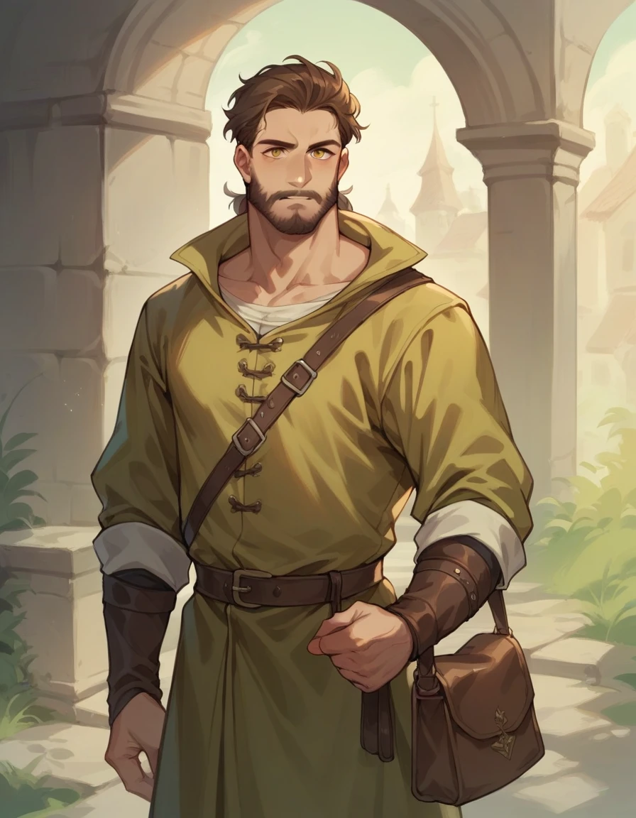 man, Sharp facial features, amber eyes, medium length brown hair, pulled back into a ponytail. Dressed in medieval clothes, with a bag and a raincoat. without a beard.