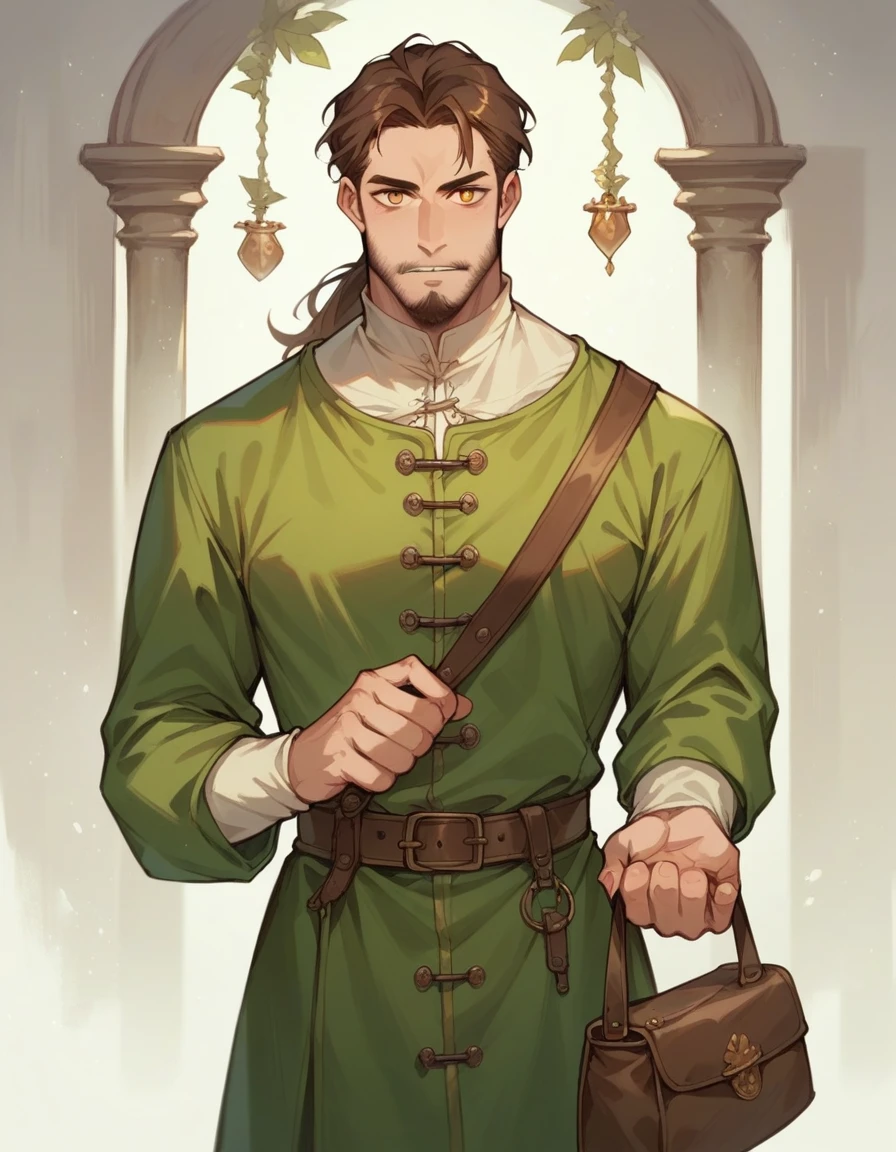 man, Sharp facial features, amber eyes, medium length brown hair, pulled back into a ponytail. Dressed in medieval clothes, with a bag and a raincoat. without a beard.