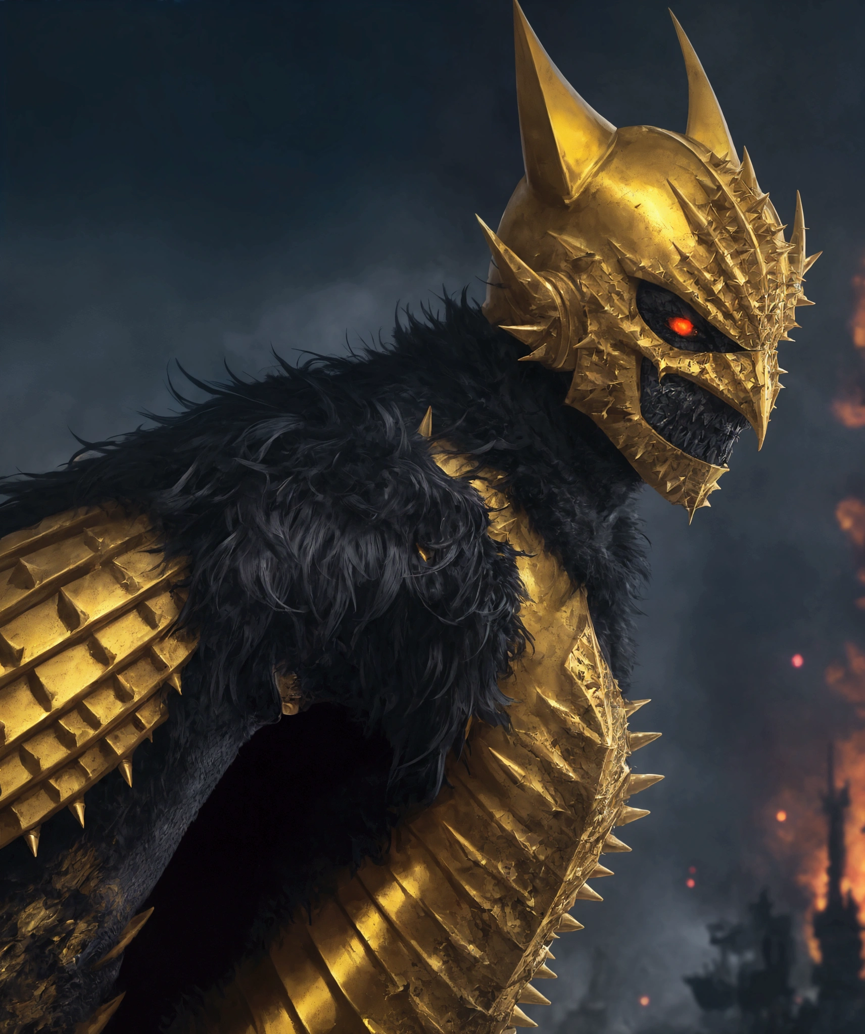 (extremely detailed 8k wallpaper), a medium shot photo of Grim dressed as a scary masked metallic yellow furry-supervillain in a metallic yellow spiked armour made of fur glowing armour with spikes from marvel, theme, intricate, high detail, dramatic, destroyed burning buildings in the background