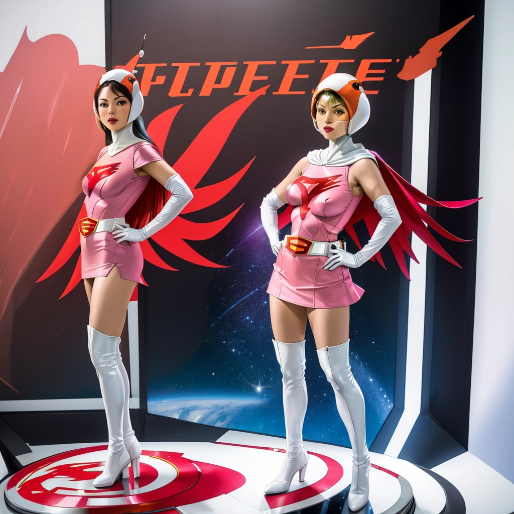 ANI_CLASSIC_jun_gatchaman_ownwaifu,1girl, ,good anatomy, masterpiece, best quality,realistic, hyper realistic, 16k hdr, long hair,breasts,lips,large breasts,lipstick,makeup,gloves,cape,helmet,belt,elbow gloves,white gloves,mask,ultra miniskirt,leotard,spacesuit,white tight overknee highheels boots,pink dress,superhero,bodysuit,cleavage,erected nipples,(stand pose,hands on hip),(spread legs:1.1)