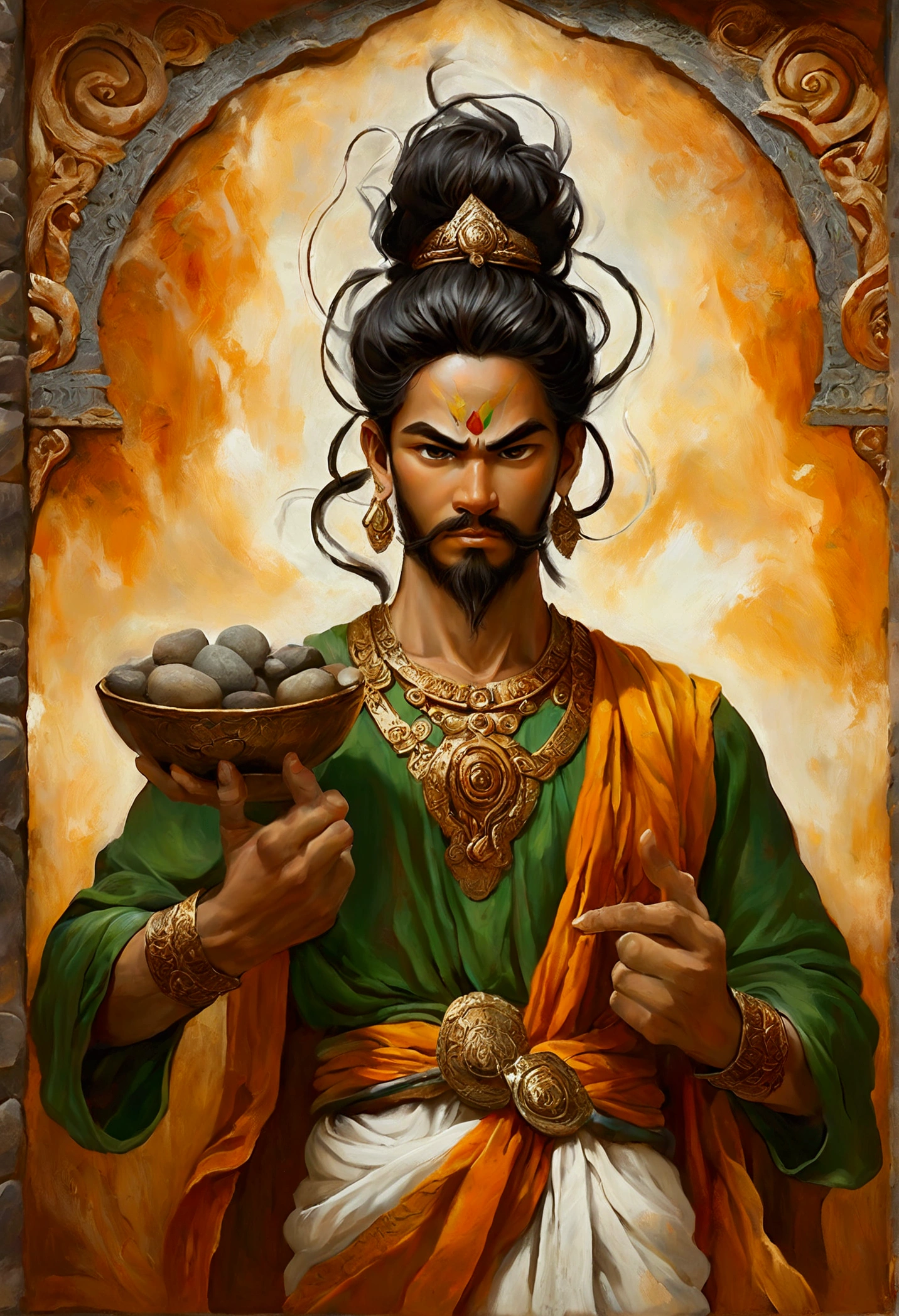 Create a detailed and expressive painting of a strong and wise Earthman god, giving off a sense of power and controlled anger. The deity should be depicted in the foreground, with a proud, victorious smile, showing confidence and authority. His expression is not calm, but reflects intensity and determination, with eyes wide and focused. The deity's features include black hair, green eyes and ornaments typical of the earth element. Make sure these ornaments reflect the essence of the earth, incorporating elements such as stones, vines or natural motifs. The background should feature shades of brown, dark green and orange, blending together to evoke the earthy environment. Use shading and textures to emphasise the strong presence of the deity and the ruggedness associated with the earth element. Use lighting to highlight the deity's facial features and depth of expression, creating a compelling contrast with the earth-toned background. The artistic style should emphasise intricate detail and a sense of ancient wisdom, ensuring a composition that feels both formidable and deeply connected to the earth element.