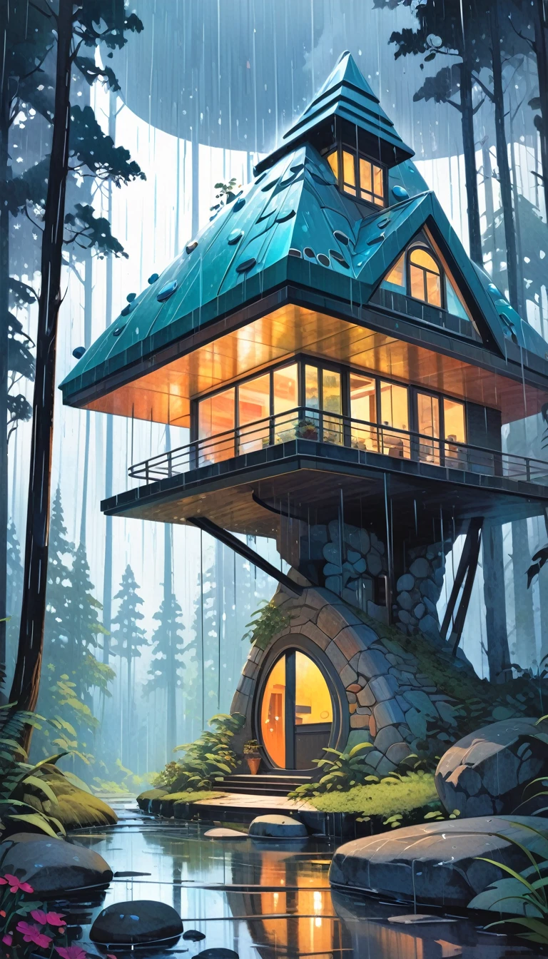 fantastic house, magic house, futuristic stone house, forest, rain, (simple oil painting in a style to Bill Sienkiewicz)