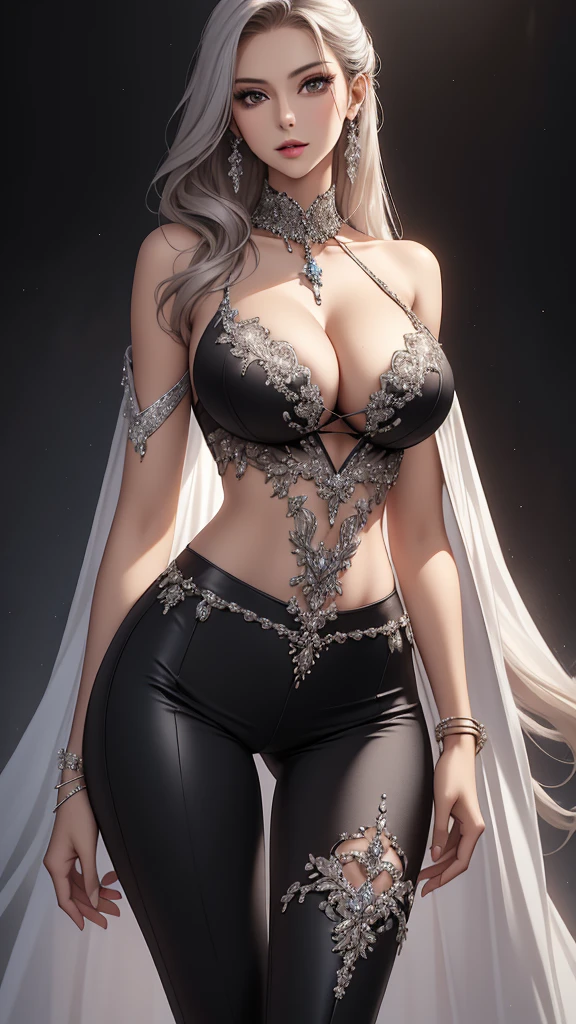Closeup, Best quality, masterpiece, realistic, Beautiful sexy cool tall, slim, fit woman, wearing fancy silver-white sequin top and black pants, intricate and highly detailed, cleavage, long silver hair, body chain, jewelry.