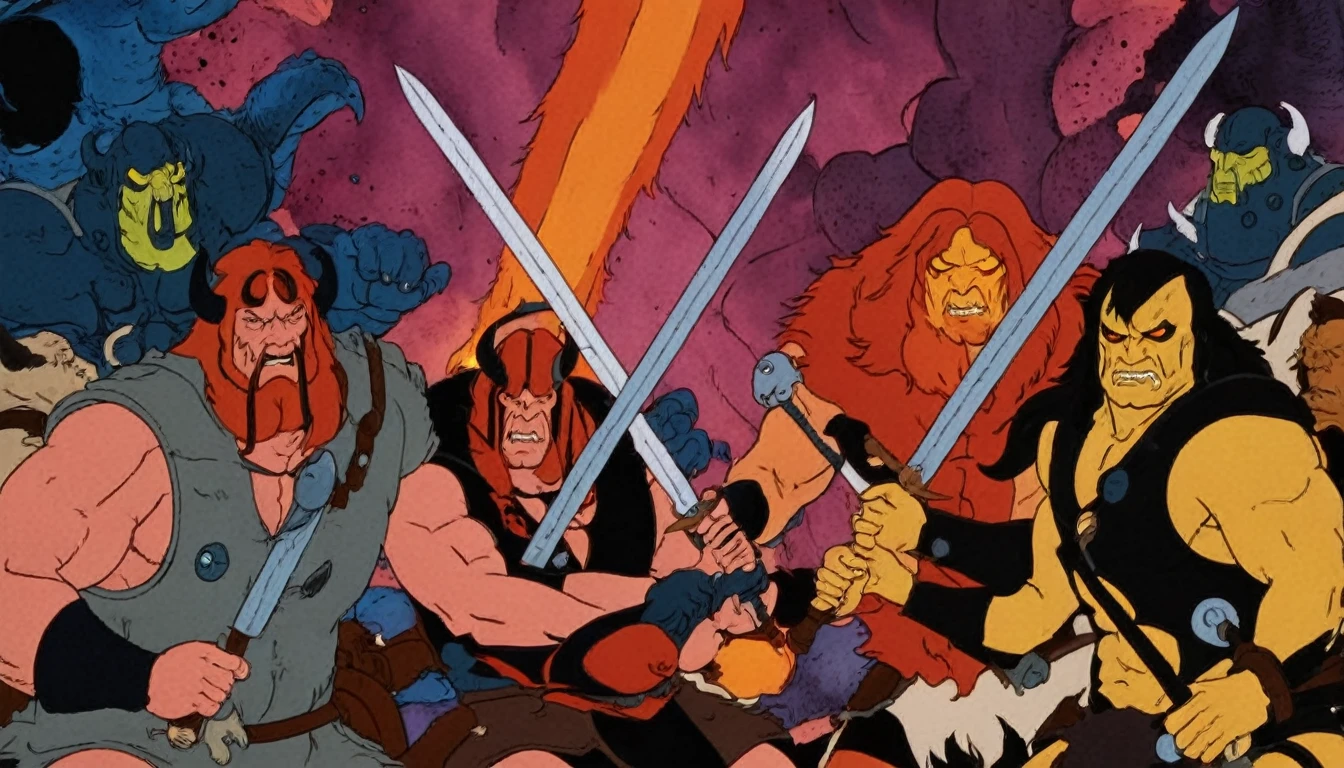 Flat 2D Art,simple flat color,2-dimensional,heavymetalstyle,Flat 2D Art Style, in (medium close-up:3.1) of characters from (heavy metalmagazine:3.1), inspired by style of Simon Bisley and style of Ed Binkley art, , (innovative, barbarian warriors in battles against space creatures, monsters, daemons, aliens, mutant, with explosions, smoke and fire:1.1),