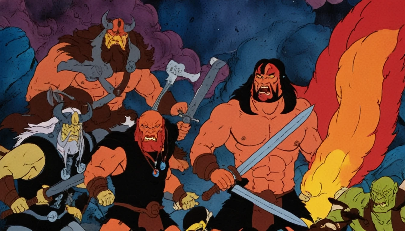Flat 2D Art,simple flat color,2-dimensional,heavymetalstyle,Flat 2D Art Style, in (medium close-up:3.1) of characters from (heavy metalmagazine:3.1), inspired by style of Simon Bisley and style of Ed Binkley art, , (innovative, barbarian warriors in battles against space creatures, monsters, daemons, aliens, mutant, with explosions, smoke and fire:1.1),