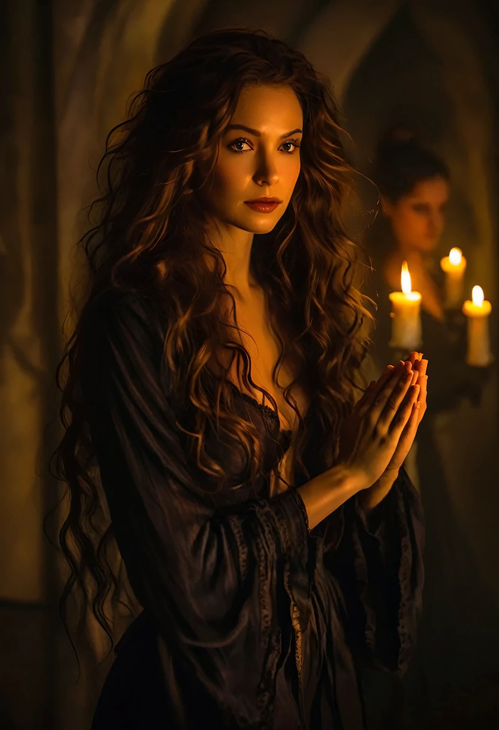 A mysterious and seductive witch stands in a dim, candle-lit room. Her long, wavy hair falls over her shoulders and shines in the candlelight.
The witch holds her hands in front of her, roughly at chest height, with her palms facing each other but not touching. A faint, pulsating glow can be seen between her hands, symbolising the magical energy.