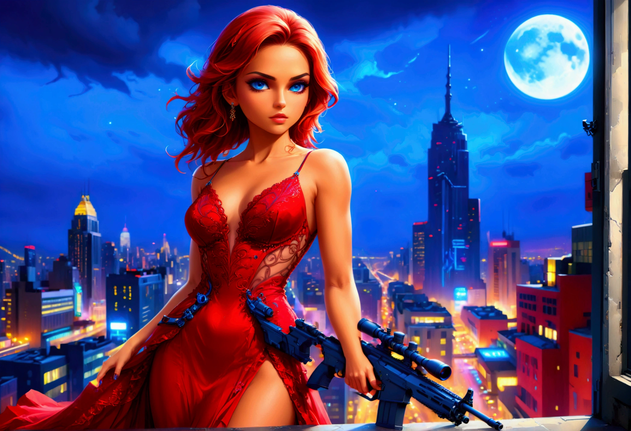 a portrait picture of a 1single woman sniper, standing in a window aiming a sniper rifle, an exotic beautiful woman sniper, dynamic hair, braided hair, full body shop, intense blue eyes, ultra detailed face, wearing (intricate evening dress: 1.5), elegant dress, red dress, dynamic style, wearing elegant stiletto heels , behind a window in a tall building at nigh, aiming a Light Sniper Rifle , cyberpunk city background, its night time, moon rays, some clouds, ((anatomically correct: 1.5)), (full body shot: 1.1) , vibrant, Ultra-high resolution, High Contrast, (masterpiece:1.5), highest quality, Best aesthetics), best details, best quality, highres, ultra wide angle, 16k, [ultra detailed], masterpiece, best quality, (extremely detailed) Sniper Rifle, evening dress, ladyshadow