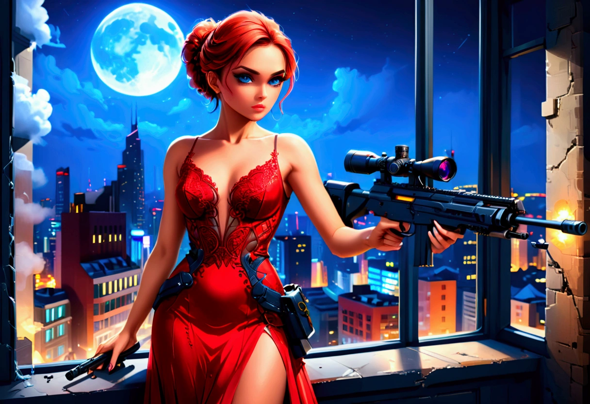 a portrait picture of a 1single woman sniper, standing in a window aiming a sniper rifle, an exotic beautiful woman sniper, dynamic hair, braided hair, full body shop, intense blue eyes, ultra detailed face, wearing (intricate evening dress: 1.5), elegant dress, red dress, dynamic style, wearing elegant stiletto heels , behind a window in a tall building at nigh, aiming a Light Sniper Rifle , cyberpunk city background, its night time, moon rays, some clouds, ((anatomically correct: 1.5)), (full body shot: 1.1) , vibrant, Ultra-high resolution, High Contrast, (masterpiece:1.5), highest quality, Best aesthetics), best details, best quality, highres, ultra wide angle, 16k, [ultra detailed], masterpiece, best quality, (extremely detailed) Sniper Rifle, evening dress, ladyshadow