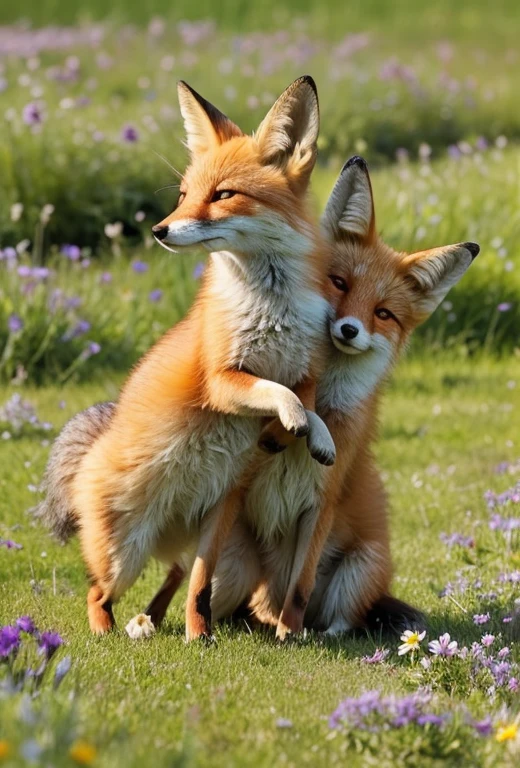 A flowery meadow, flowers, two foxes playfully wrestling with their mother nearby, butterflies fluttering in the air, bright sunshine.
