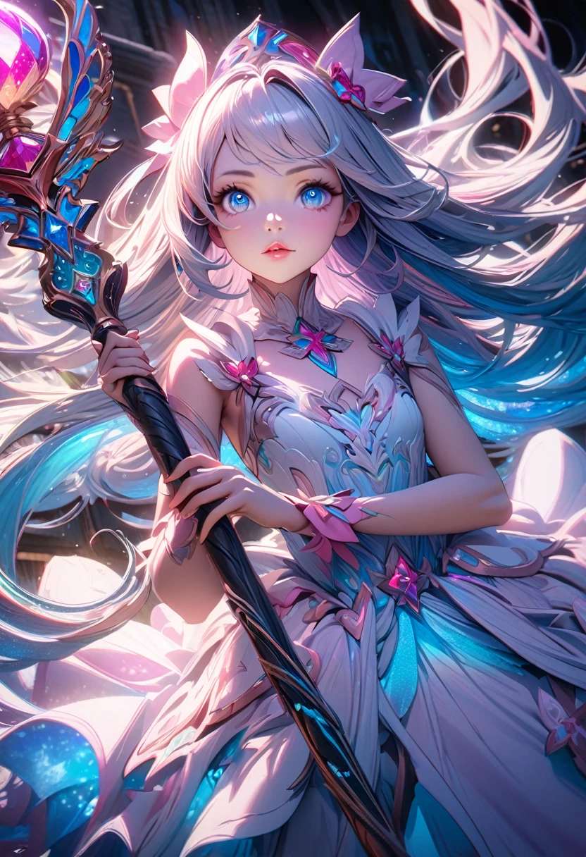 a young magical girl with long flowing hair, beautiful detailed eyes, beautiful detailed lips, extremely detailed face, long eyelashes, magical staff, whimsical expression, flowing dress, magical energy, ethereal, fantasy, digital painting, intricate detail, vibrant colors, cinematic lighting, highly detailed, 8k, masterpiece