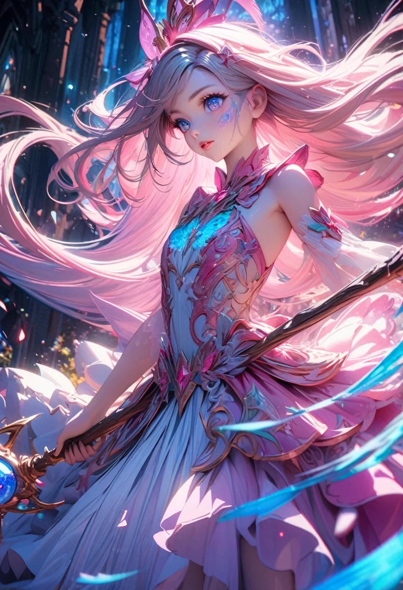 a young magical girl with long flowing hair, beautiful detailed eyes, beautiful detailed lips, extremely detailed face, long eyelashes, magical staff, whimsical expression, flowing dress, magical energy, ethereal, fantasy, digital painting, intricate detail, vibrant colors, cinematic lighting, highly detailed, 8k, masterpiece