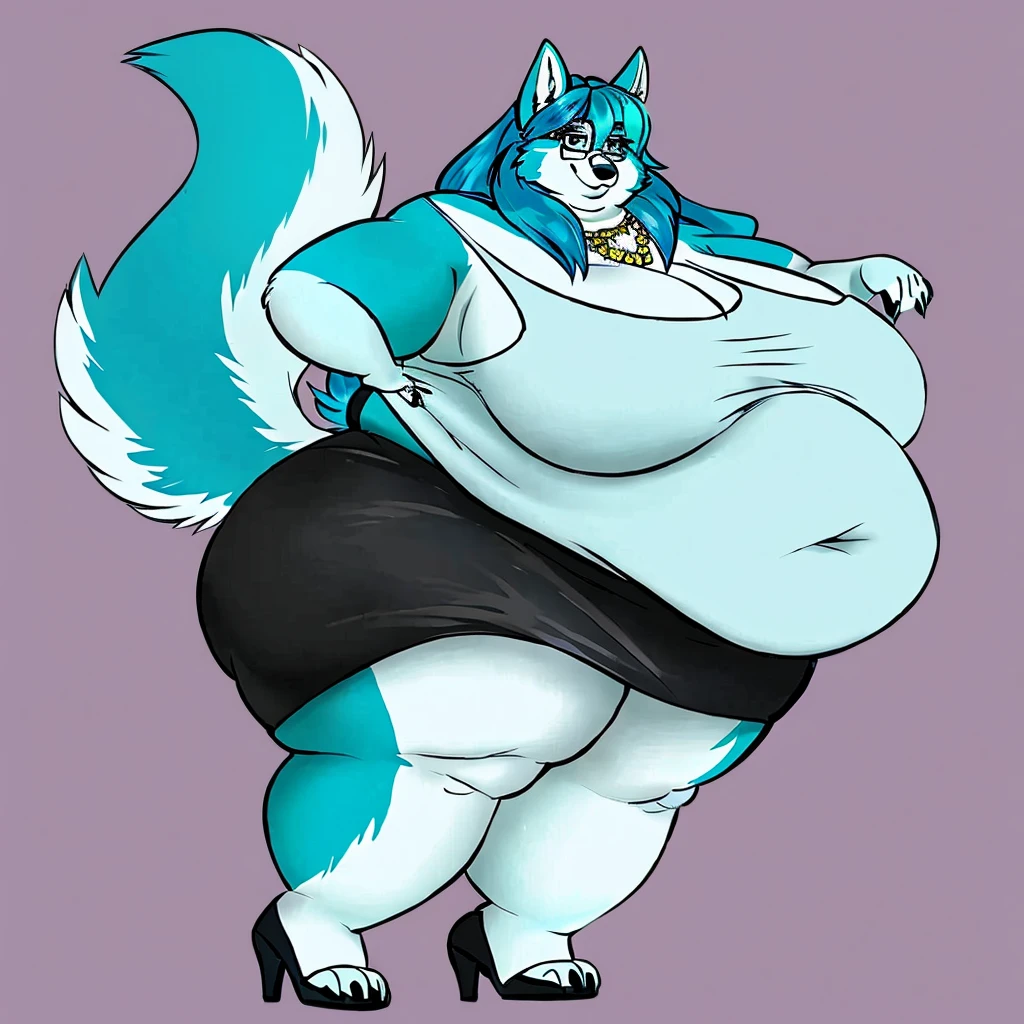 Malamute, female, long cyan hair, huge breasts, huge hips, huge thighs, plump, voluptuous, morbidly obese, feminine, gorgeous, beautiful, eyelashes, fat arms, fat legs, fat neck, chubby cheeks, double chin,tank top, black skirt,cyan hair, cyan fur, cyan eyes, pear-shapped figure, claws,cyan claws simple background, rectangular glasses , necklace , fullbody, graceful,cyan eyes, bottom heavy tufy of hair on eye, big belly, high heels