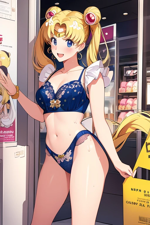 (alone, One girl), (Absurd, ,High resolution, formula wallpaper, Poster), (masterpiece, Highest quality:1.2), (figure, Realistic), (Perfect detail, Most detailed, Very detailed), Dramatic Light, tsukino usagi, (Sailor Moon, Blonde, Twin tails, Circlet, jewelry, Crescent-shaped earrings),((printed lingerie), (Prints well), (Printed panties), White knee socks), (shop, mall, clothes shop, work), (blush, Excited, Happy, smile, Open your mouth, shopping bag, Shabby, Sweat)