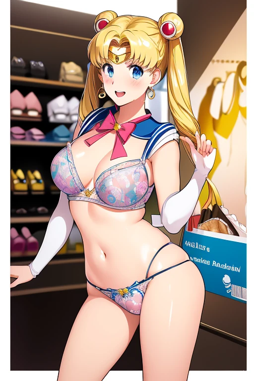 (alone, One girl), (Absurd, ,High resolution, formula wallpaper, Poster), (masterpiece, Highest quality:1.2), (figure, Realistic), (Perfect detail, Most detailed, Very detailed), Dramatic Light, tsukino usagi, (Sailor Moon, Blonde, Twin tails, Circlet, jewelry, Crescent-shaped earrings),((printed lingerie), (Prints well), (Printed panties), White knee socks), (shop, mall, clothes shop, work), (blush, Excited, Happy, smile, Open your mouth, shopping bag, Shabby, Sweat)