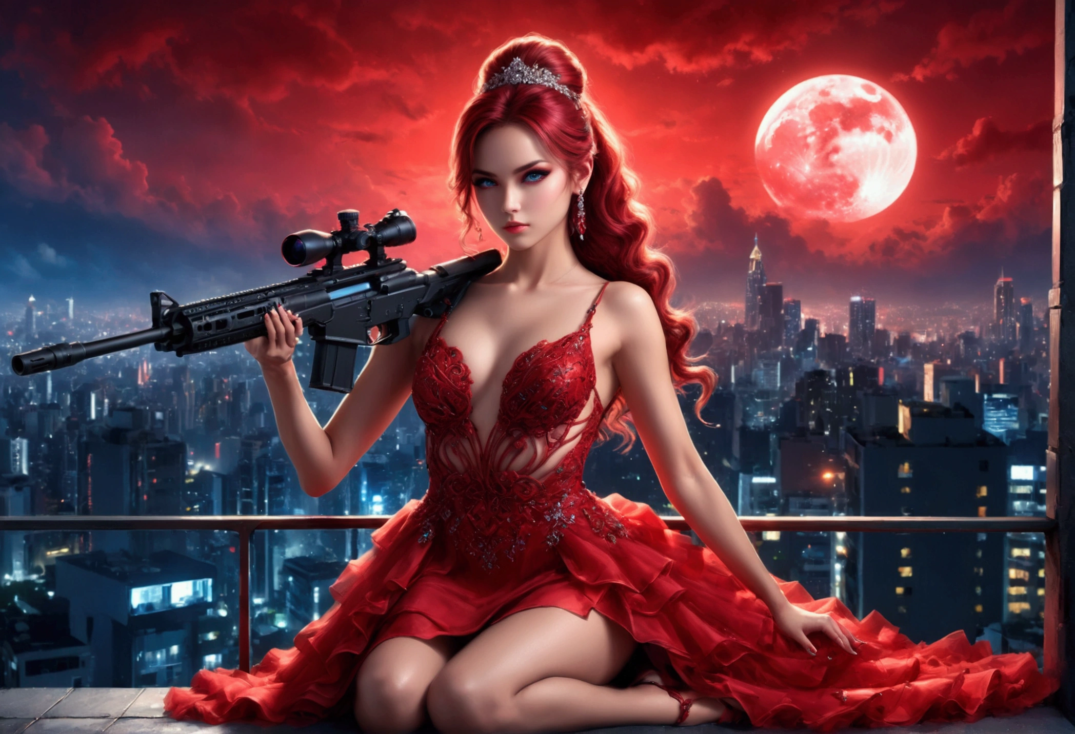 a portrait picture of a 1single woman sniper, standing in a window aiming a sniper rifle, an exotic beautiful woman sniper, dynamic hair, braided hair, full body shop, intense blue eyes, ultra detailed face, wearing (intricate red evening dress: 1.5), elegant dress, red dress, dynamic style, wearing elegant stiletto heels , behind a window in a tall building at nigh, aiming a Light Sniper Rifle , cyberpunk city background, its night time, moon rays, some clouds, ((anatomically correct: 1.5)), (full body shot: 1.1) , vibrant, Ultra-high resolution, High Contrast, (masterpiece:1.5), highest quality, Best aesthetics), best details, best quality, highres, ultra wide angle, 16k, [ultra detailed], masterpiece, best quality, (extremely detailed) Sniper Rifle, evening dress, ladyshadow