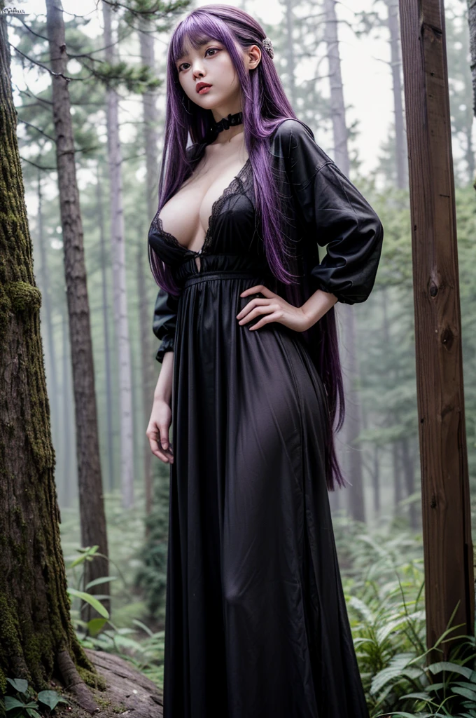 a woman with long purple hair and a black dress poses in the forest, extremely detailed artistic germ, Arte detallado de alta calidad 8k, fantasy art style, a sexy maid in a magical forest, chica anime seductora, succubus in short tight dress, estilo artgerm, chica elfa, hermosa y seductora mujer anime, epic fantasy art style