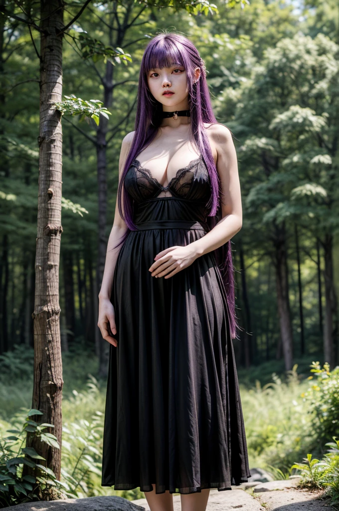 masterpiece, Highest quality, Absurd, Perfect Anatomy, One girl, alone, Fernfrielen, Very long hair, Purple eyes, (Purple Eyes), Black Lingerie, Large Breasts, Outdoor, forest, Standing with hands on hips