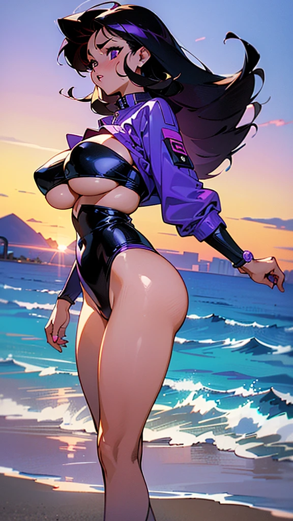1990s, (masterpiece), high-definition, front view, detailed face, cute girl, perfect body, (big tits: 1.4) big hips, round ass, (black hair with dark purple highlights: 1.4), bikini, running, orgasm face, sunset