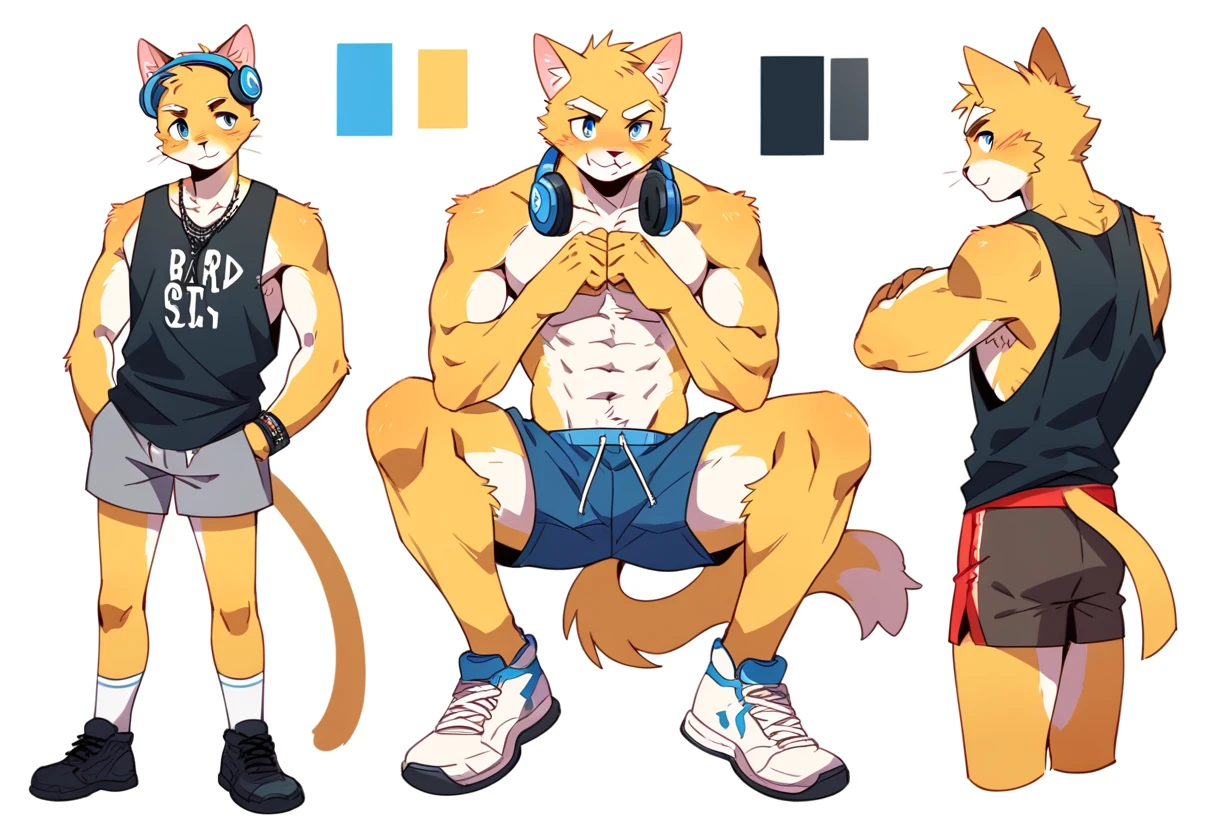score_9, score_8_up, score_7_up, male, furry, high quality, hires, anthro, teenager, 17 years old, domestic cat, bright yellow fur, blue eyes, wide brown eyebrows, confidant expression, humanoid feet, slim body, prominent v-line, prominent abs, prominent legs, prominent forearm muscles, prominent knees, white background, treasure trail, armpit hair, furry legs, in 3 various sexy poses, headphones, casual clothes, joggers, black tank top, shorts, flexing