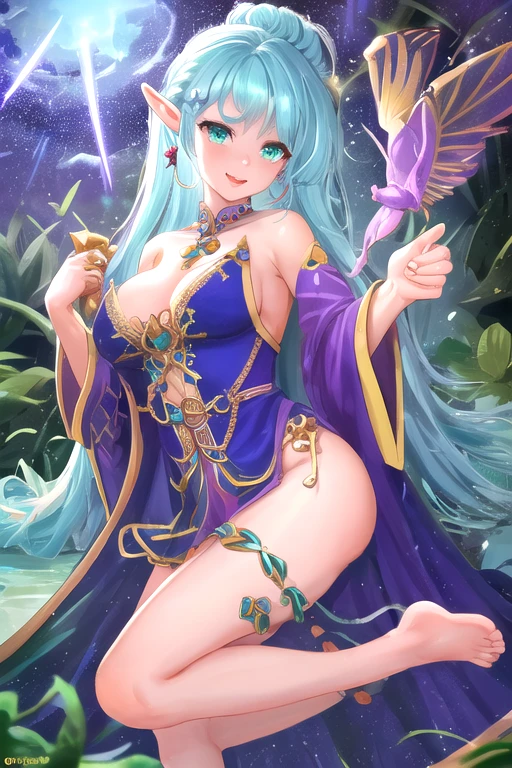 ((best quality)), une fille jolie avec des ailes de fée avec oreille d’elfe debout avec un animal de compagnie magique entière tètes au pied habiller en jolie robe courte magique avec pouvoir nature dans ces mains long cheveux brune seins decoleter avec collants sexy avec chaussure talon mignon magique