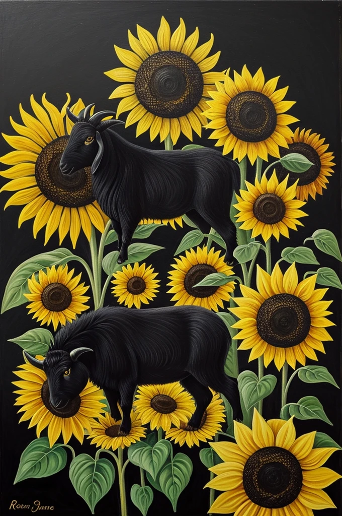 A painting of sunflowers with a small black goat With the method that Rene had