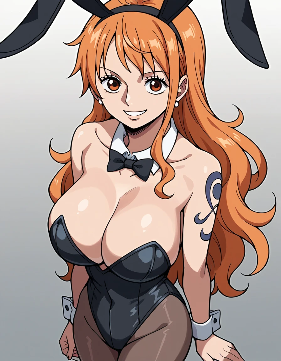 score_9, score_8_up, source_anime, best quality, clear face, 1girl, Nami, orange hair, orange eyes, long hair, large breasts, cleavage, looking at viewer, standing, playboy bunny, dynamic angle, smile