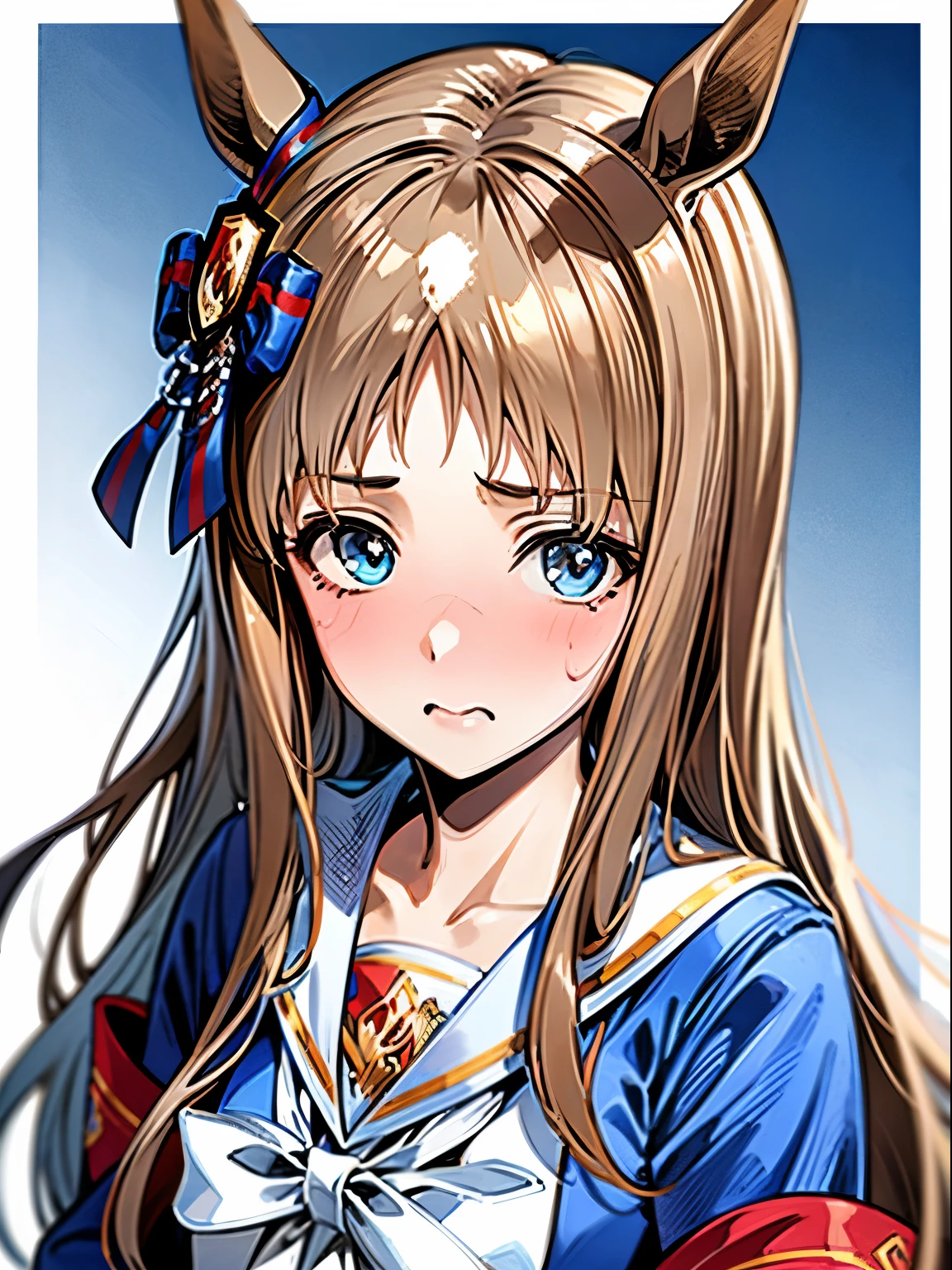 grass wonder \(umamusume\), 1 girl, Solo, Cute Girl,Best Quality, Ultra-detailed, 8K, High resolution, detailed face, embarrassed, blue jacket, sailor collared jacket, white skirt,