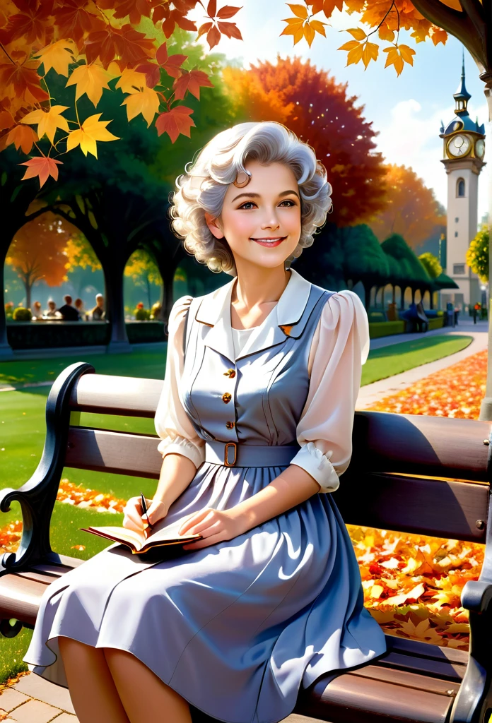 "A sequence of four images, each showing the same beautiful woman next to a clock, symbolizing the passage of time:infancy: A  of approximately five years old, with golden curls and a simple white dress, plays happily next to a large antique clock in the garden filled with colorful flowers. She smiles radiantly, with eyes shining with joy and innocence, while the clock ticks the hours of your childhood.Adolescence: the same , now a teenager of about fifteen, is sitting on a wooden swing in a serene park. Dressed in a light summer dress, she looks dreamily at the horizon, with the large clock next to it marking the passage of time, symbolizing your curiosity and hope for the future.adult: The young woman, now about thirty years old, is elegantly dressed in a modern business ensemble. She's in a busy city, standing next to a cafe, holding a cup of coffee in his hand and looking confidently forward. The large tower clock behind her strikes noon., representing your active and dynamic phase of life.elderly: the same mulher, now an elderly lady with gray hair, sits on a park bench, surrounded by fallen autumn leaves. She smiles serenely, with a look of wisdom and peace, while holding an old photo album. The large clock in the background marks the twilight of the day, symbolizing contentment and reflection on a life well lived."