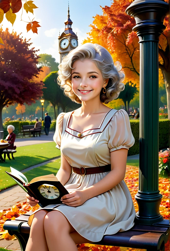 "A sequence of four images, each showing the same beautiful woman next to a clock, symbolizing the passage of time:infancy: A  of approximately five years old, with golden curls and a simple white dress, plays happily next to a large antique clock in the garden filled with colorful flowers. She smiles radiantly, with eyes shining with joy and innocence, while the clock ticks the hours of your childhood.Adolescence: the same , now a teenager of about fifteen, is sitting on a wooden swing in a serene park. Dressed in a light summer dress, she looks dreamily at the horizon, with the large clock next to it marking the passage of time, symbolizing your curiosity and hope for the future.adult: The young woman, now about thirty years old, is elegantly dressed in a modern business ensemble. She's in a busy city, standing next to a cafe, holding a cup of coffee in his hand and looking confidently forward. The large tower clock behind her strikes noon., representing your active and dynamic phase of life.elderly: the same mulher, now an elderly lady with gray hair, sits on a park bench, surrounded by fallen autumn leaves. She smiles serenely, with a look of wisdom and peace, while holding an old photo album. The large clock in the background marks the twilight of the day, symbolizing contentment and reflection on a life well lived."