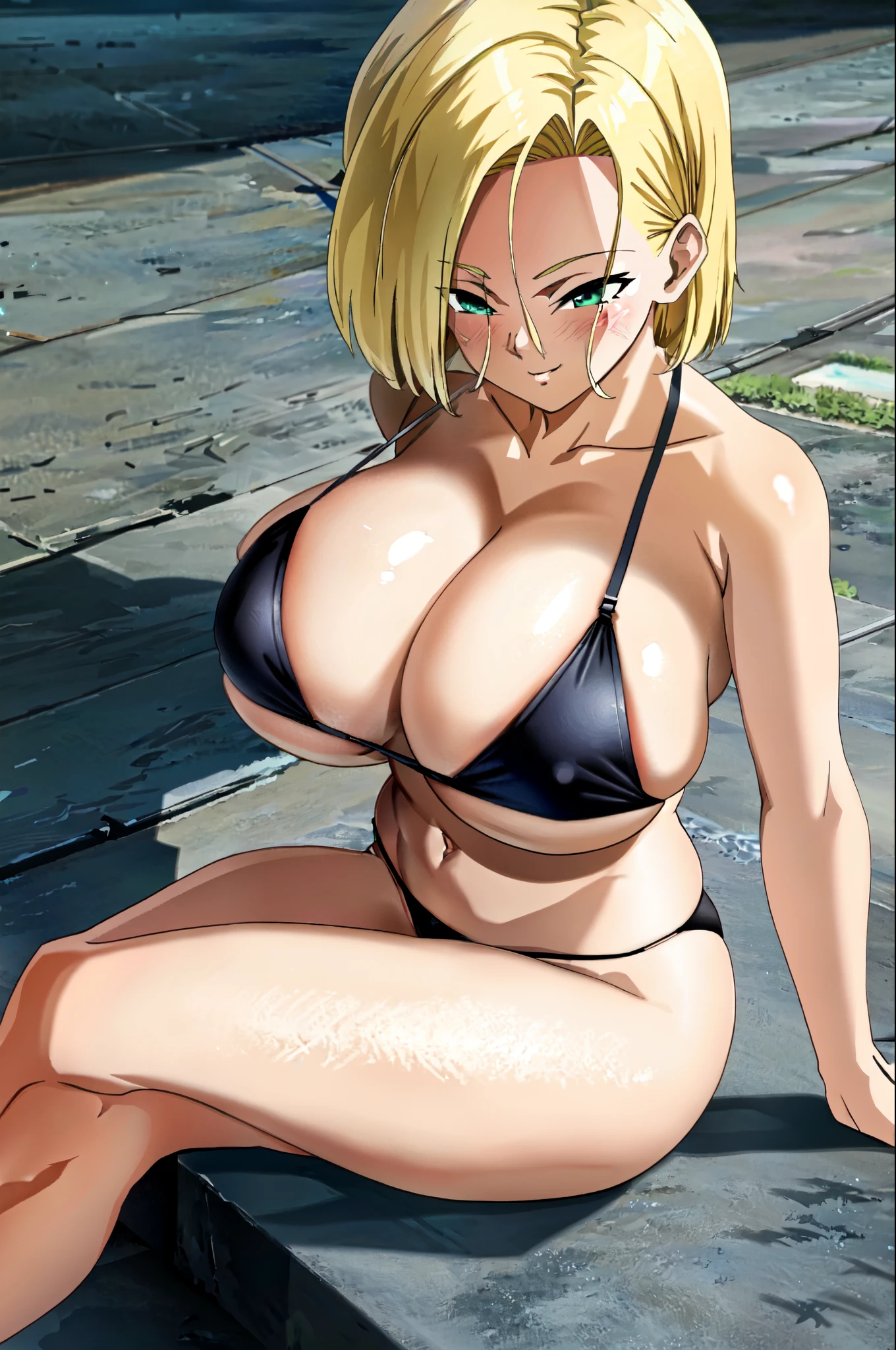 (extremely detailed CG unity 4k wallpaper),(masterpiece),(best quality),(ultra-detailed),(best illustration),(best shadow),(absurdres),(detailed background), Android 18, android 18, solo, blonde hair, 1girl, solo, breasts, looking_at_viewer, blushed smile, large_breasts, cleavage, bare_shoulders, sitting, collarbone, crossed_legs, black underwear, from_below, breasts, large breasts, big breasts, huge breasts, big tits, giant breasts, small bikini, bikini, bare shoulders, bare arms, beach, ocean, underboob