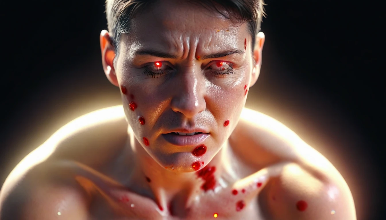 Person with an expression of intense pain, surrounded by luminous points that represent areas of pain on the body. Gradually, these points are absorbed by a greater, comforting light. Realistic style with medical visualization elements, high definition, realistic style, cinematic style, soft colors. Photorealism style, high resolution, 8k
