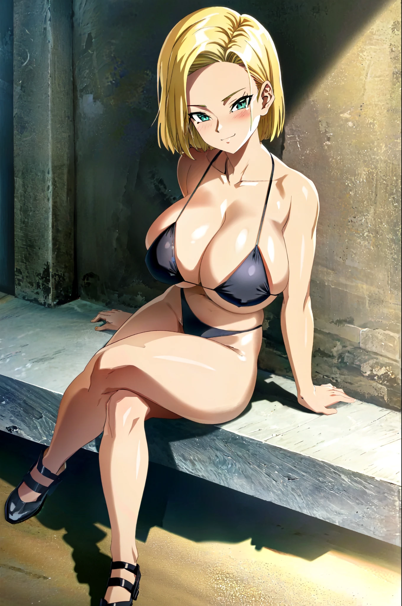 (extremely detailed CG unity 4k wallpaper),(masterpiece),(best quality),(ultra-detailed),(best illustration),(best shadow),(absurdres),(detailed background), Android 18, android 18, solo, blonde hair, 1girl, solo, breasts, looking_at_viewer, blushed smile, large_breasts, cleavage, bare_shoulders, sitting, collarbone, crossed_legs, black underwear, from_below, breasts, large breasts, big breasts, huge breasts, big tits, giant breasts, small bikini, bikini, bare shoulders, bare arms, beach, ocean, underboob