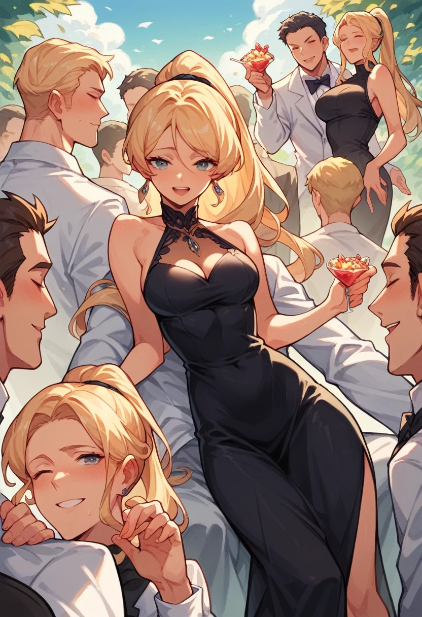 comic style, Manga,in dialogues, 6 scenes. Beautiful blonde, long hair, ponytail, sexy black dress, IN A PARTY, Many people. Man in a white suit whispers in your ear