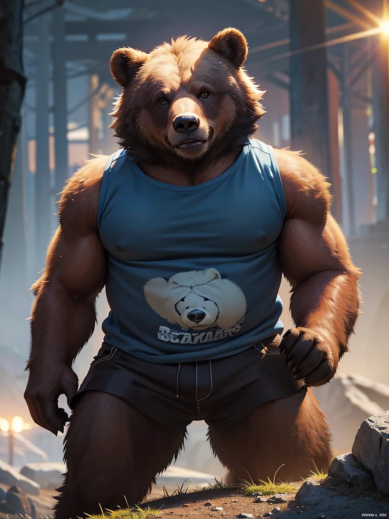 a grizzly bear, detailed realistic bear,bear wearing a plain white t-shirt, bear wearing blue cargo shorts, bear standing upright,bear in natural environment,highly detailed bear fur,realistic textures,photorealistic,detailed facial features,sharp focus,cinematic lighting,vibrant colors,award winning digital art