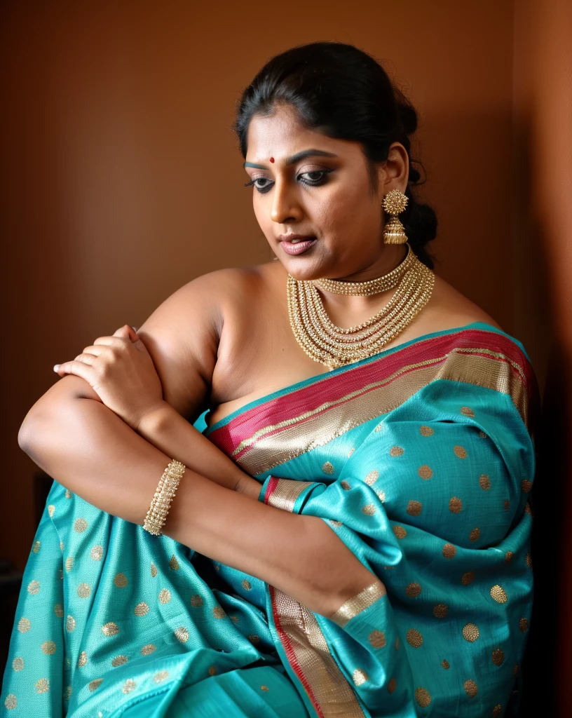 Sexy fat plus size indian bhabhi, sleeveless blouse, desi hot aunty, looks like Anushka Shetty, wearing sleeveless saree blouse, sexy sequin saree, bold saree fashion, bong saree fashion, bold hot photoshoot, sexy sequin saree, she has fleshy arms and fat wide belly, sexy armpits, showing her attractive fleshy figure, high quality skin, skin pores, skin texture, deep juicy navel, sexy navel folds, fleshy figure, jiggly belly, hyper realistic skin, RAW Foto, unsatisfied Indian housewife, sexy indian housewife, mature desi aunty bhabhi Chachi Amma, 