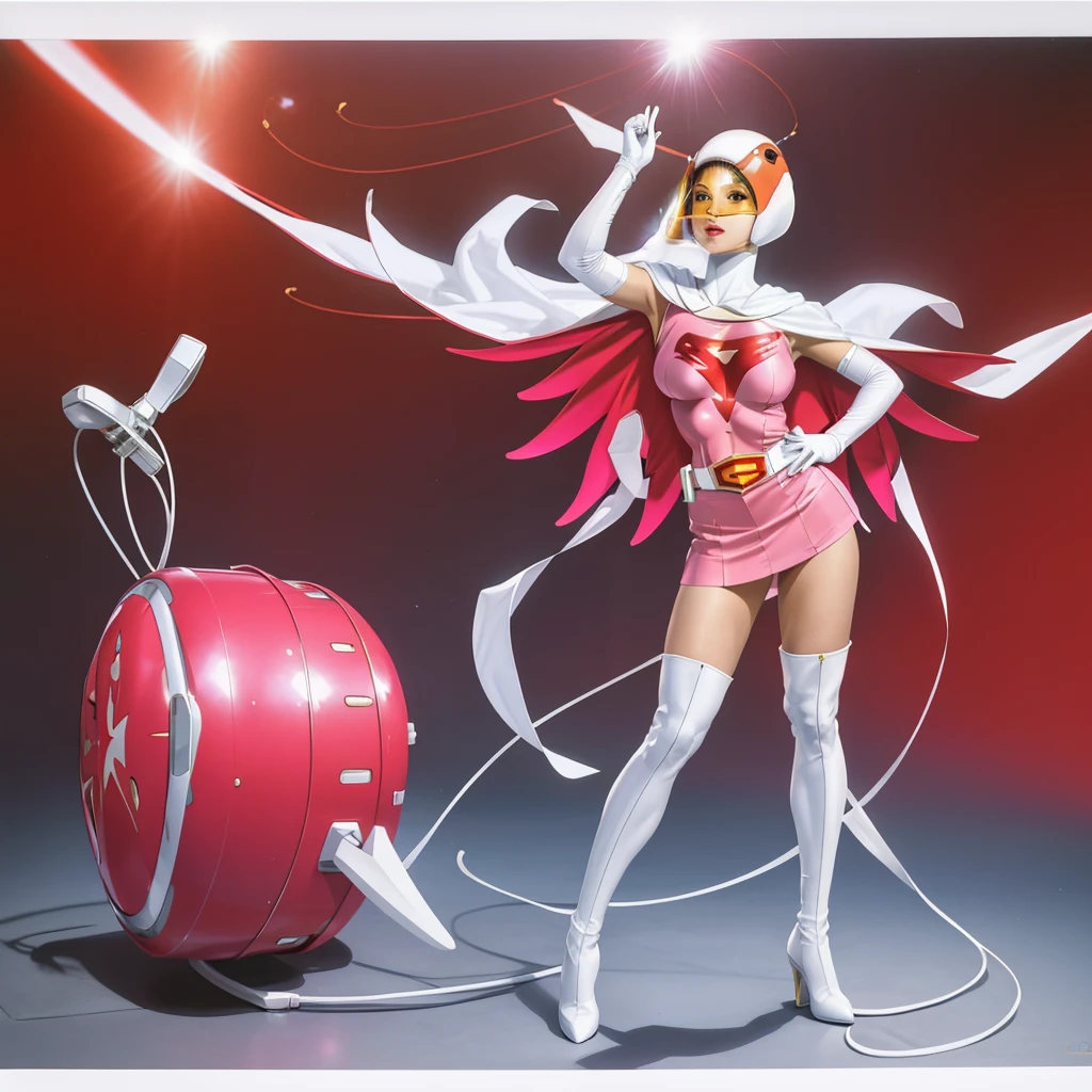 ANI_CLASSIC_jun_gatchaman_ownwaifu,1girl, ,good anatomy, masterpiece, best quality,realistic, hyper realistic, 16k hdr, long hair,breasts,lips,large breasts,lipstick,makeup,gloves,cape,helmet,belt,elbow gloves,white gloves,mask,ultra miniskirt,leotard,spacesuit,white tight overknee highheels boots,pink dress,superhero,bodysuit,cleavage,erected nipples,(standing pose,front view),(spread legs:1.1)
